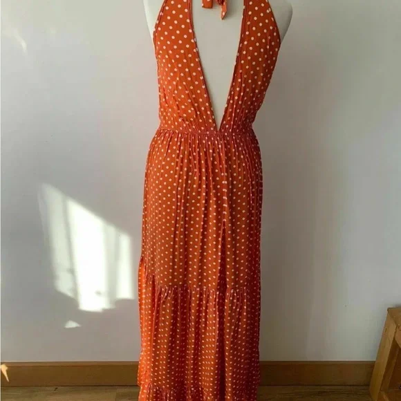Brave Soul Skye All Over Print High Neck Maxi Polka Dot Orange Dress Size S - Picture 6 of 7